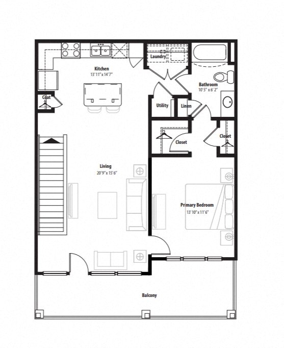 Floor plan for 1 bed, 1 bath, 857 sqft